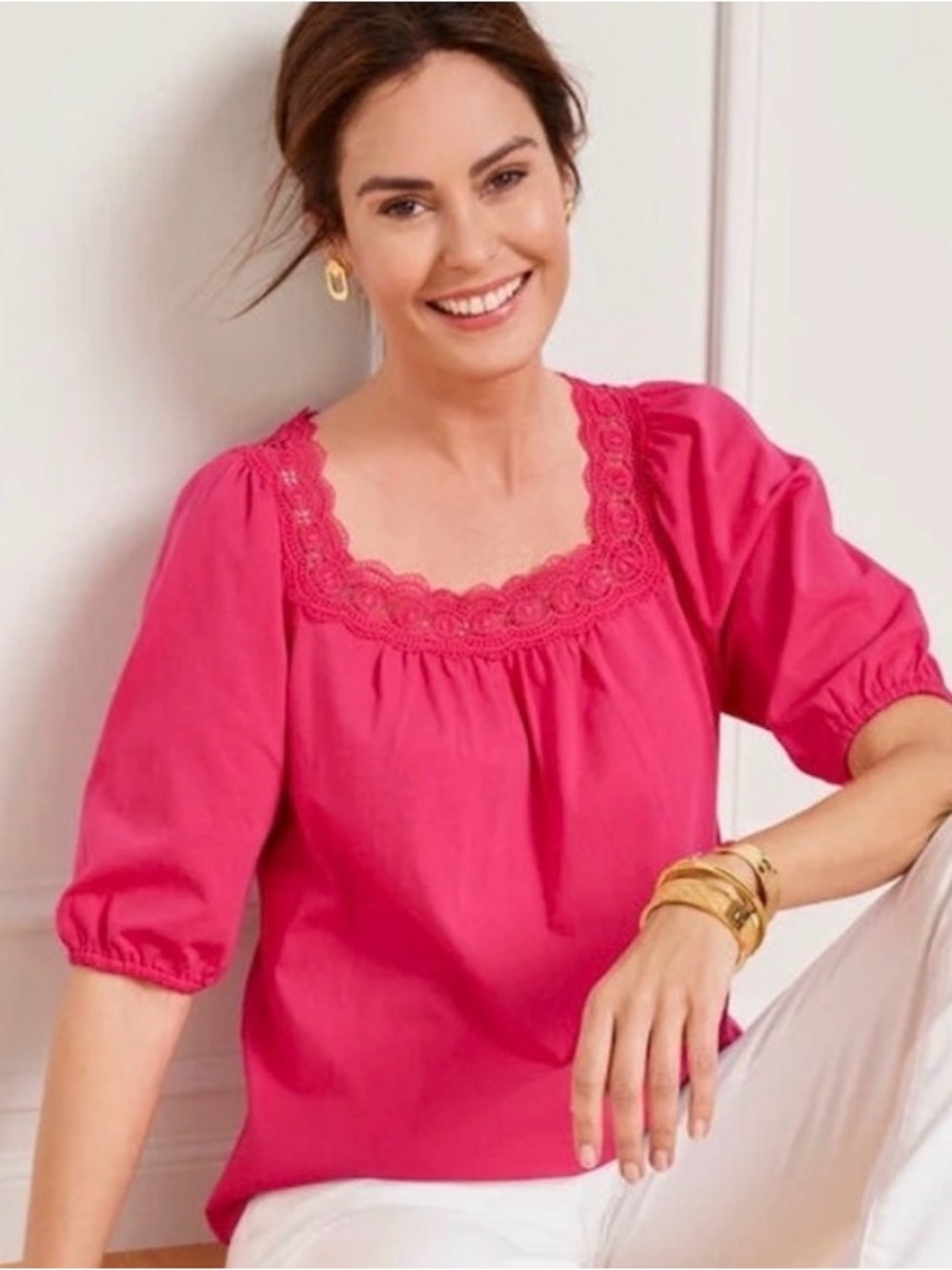 Talbots Bright Pink Square Neck Crochet Lace Trim Tee Short Sleeves M NWT